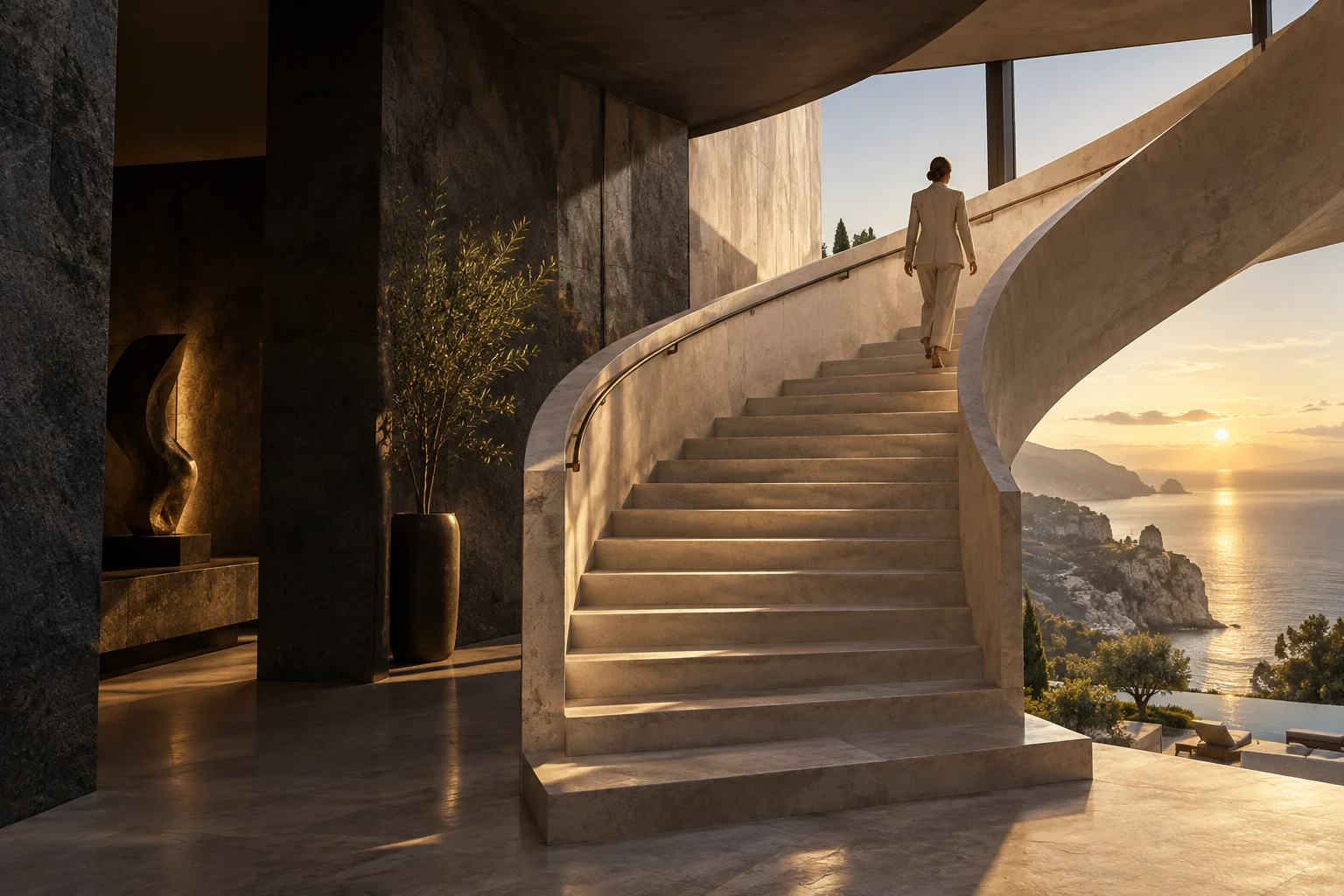 A person ascending a curved stone staircase in a coastal residence at sunset.